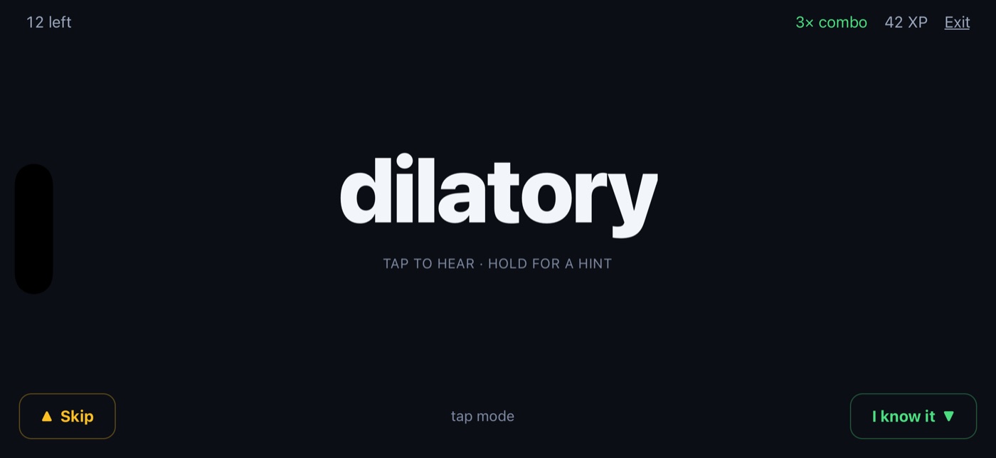 The word dilatory alone on a dark screen, with Skip at the bottom left and I know it at the bottom right