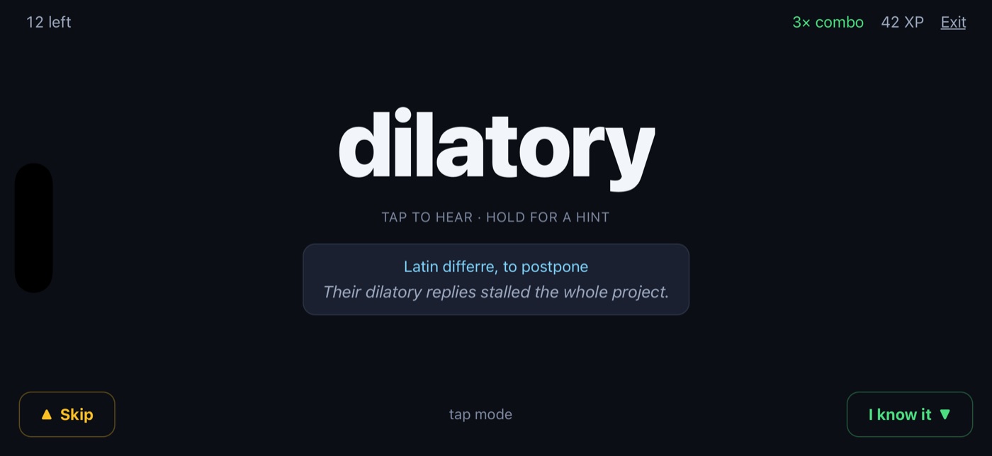 The same word with a hint panel reading Latin differre, to postpone, and the sentence Their dilatory replies stalled the whole project
