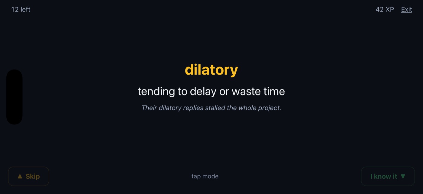 After skipping, the definition tending to delay or waste time shown beneath the word dilatory