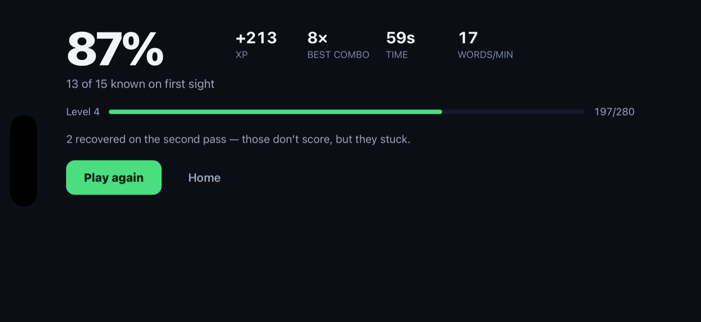A results screen reading 87 percent, plus 213 XP, 8 times best combo, 59 seconds, 17 words per minute