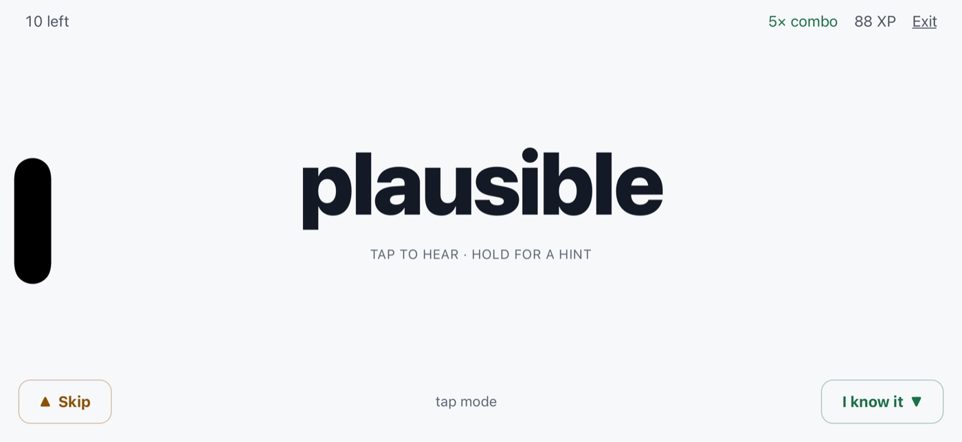 The same game screen in the light theme, showing the word plausible