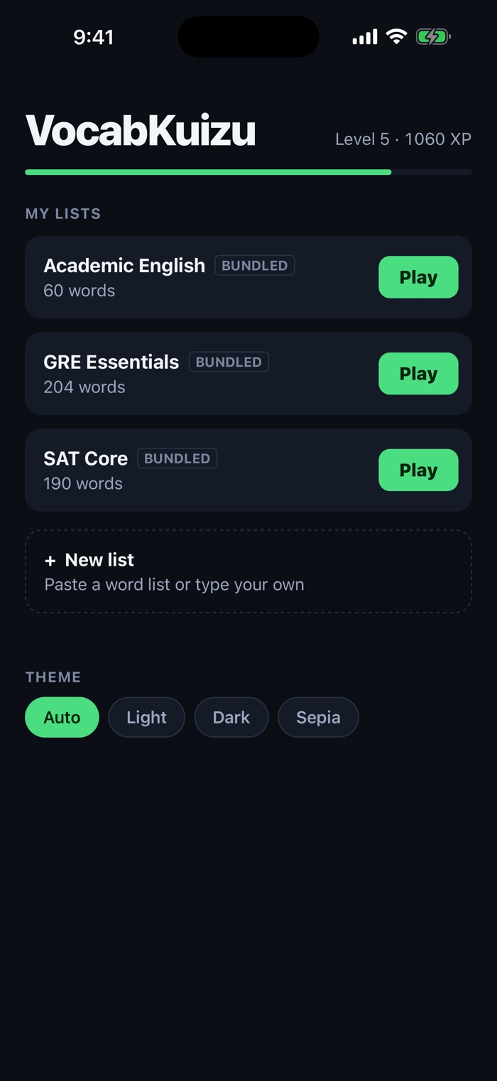The lists screen showing Academic English, GRE Essentials and SAT Core with word counts, plus a New list button